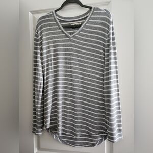 Magellan Outdoors Gray and White Striped V-Neck Top